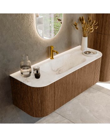 Mondiaz Kurve-Dlux 130cm badmeubel ronding Links + Rechts kleur Walnut met 1 lade en 2 deuren. Wastafel Big small Midden 1 kraangat Frappe.