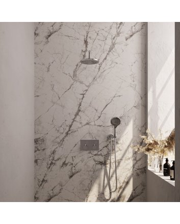 BRAUER Chrome Carving thermostatische inbouw regendouche met drukknoppen SET 57 met 20 cm douchekop en gebogen muurarm en 3-standen handdouche en doucheslang en wandaansluitbocht chroom