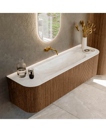 Mondiaz Kurve-Dlux 160cm badmeubel ronding Links + Rechts kleur Walnut met 1 lade en 2 deuren. Wastafel Big medium Midden zonder kraangat Ostra.
