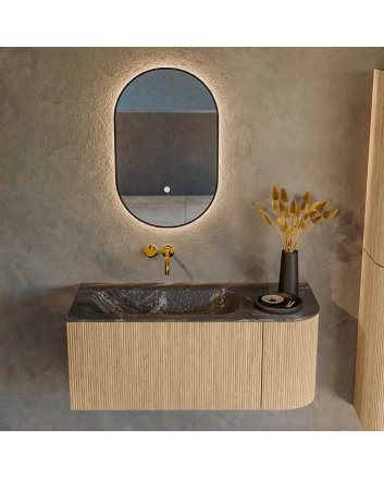 Mondiaz Kurve-Dlux 105cm badmeubel ronding Rechts kleur Oak met 1 lade en 1 deur. Wastafel Big small Links zonder kraangat Lava.