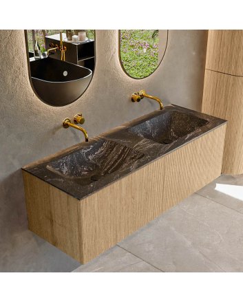 Mondiaz Kurve-Dlux 130cm badmeubel kleur Oak met 2 lades en 0 deuren. Wastafel Leaf Dubbel zonder kraangat Lava.