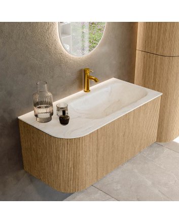 Mondiaz Kurve-Dlux 95cm badmeubel ronding Links kleur Oak met 1 lade en 1 deur. Wastafel Big small Rechts 1 kraangat Ostra.