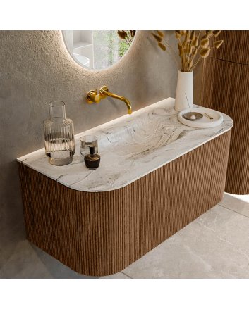 Mondiaz Kurve-Dlux 100cm badmeubel ronding Links + Rechts kleur Walnut met 1 lade en 2 deuren. Wastafel Grunne Midden zonder kraangat Glace.