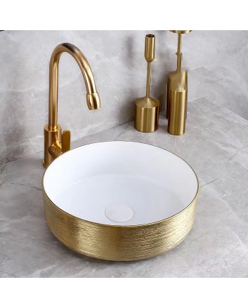 Hugo & Müeller Keramieken Waskom Met Gouden Geborsteld Reliëf (36cm) - Wit