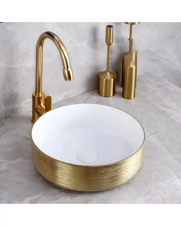 Hugo & Müeller Keramieken Waskom Met Gouden Geborsteld Reliëf (36cm) - Wit