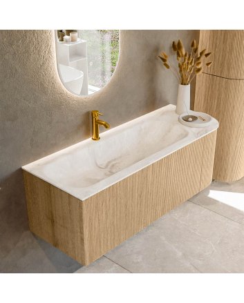 Mondiaz Kurve-Dlux 125cm badmeubel ronding Rechts kleur Oak met 1 lade en 1 deur. Wastafel Big medium Links 1 kraangat Frappe.
