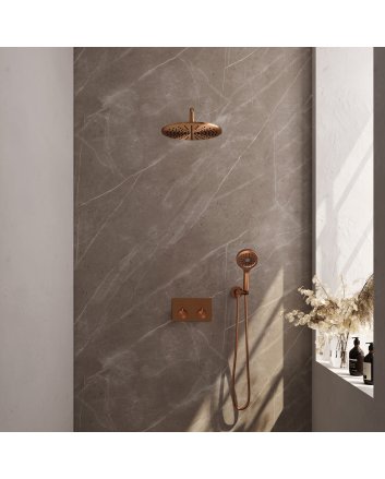 BRAUER Copper Carving thermostatische inbouw regendouche met drukknoppen SET 58 met 30 cm douchekop en gebogen muurarm en 3-standen handdouche en doucheslang en wandaansluitbocht koper geborsteld PVD