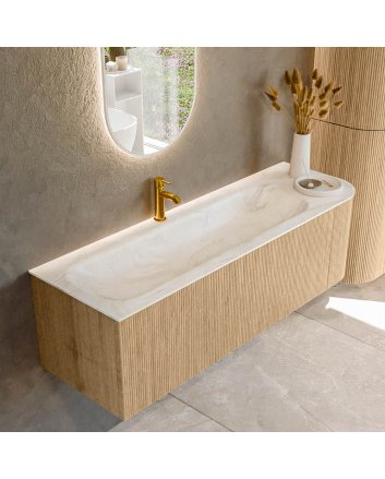 Mondiaz Kurve-Dlux 145cm badmeubel ronding Rechts kleur Oak met 1 lade en 1 deur. Wastafel Big large Links 1 kraangat Ostra.