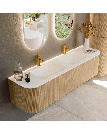 Mondiaz Kurve-Dlux 170cm badmeubel ronding Links + Rechts kleur Oak met 1 lade en 2 deuren. Wastafel Leaf Dubbel 2 kraangaten Opalo.