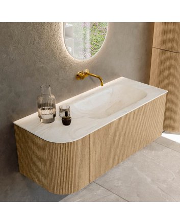 Mondiaz Kurve-Dlux 115cm badmeubel ronding Links kleur Oak met 1 lade en 1 deur. Wastafel Big small Rechts zonder kraangat Ostra.