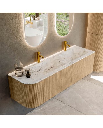 Mondiaz Kurve-Dlux 155cm badmeubel ronding Links kleur Oak met 2 lades en 1 deur. Wastafel Leaf Dubbel / Rechts 2 kraangaten Glace.