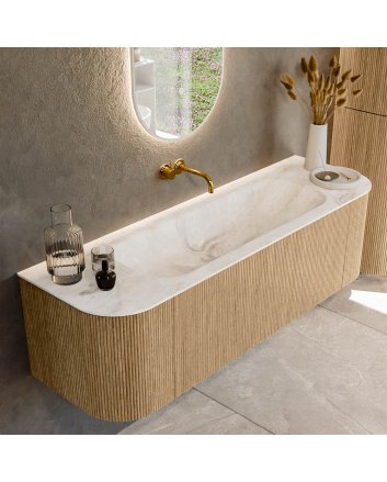 Mondiaz Kurve-Dlux 150cm badmeubel ronding Links + Rechts kleur Oak met 1 lade en 2 deuren. Wastafel Big medium Midden zonder kraangat Frappe.