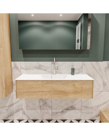 Mondiaz Lush 120 badmeubel washed oak 1 lade wastafel Cloud midden 1 kraangat