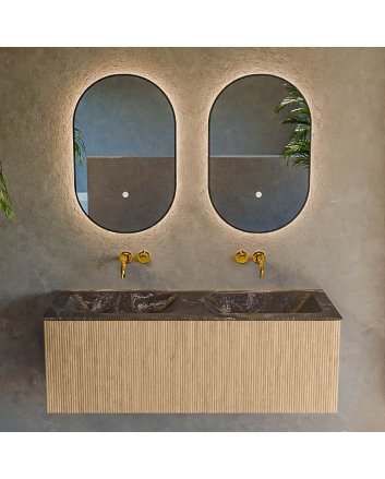 Mondiaz Kurve-Dlux 120cm badmeubel kleur Oak met 1 lade en 0 deuren. Wastafel Leaf Dubbel zonder kraangat Lava.