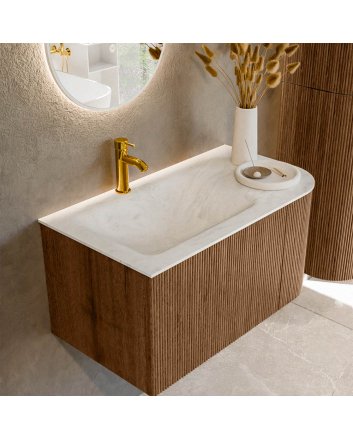 Mondiaz Kurve-Dlux 85cm badmeubel ronding Rechts kleur Walnut met 1 lade en 1 deur. Wastafel Cloud Links 1 kraangat Opalo.