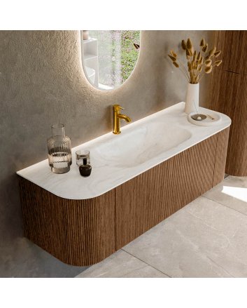 Mondiaz Kurve-Dlux 140cm badmeubel ronding Links + Rechts kleur Walnut met 1 lade en 2 deuren. Wastafel Big small Midden 1 kraangat Ostra.