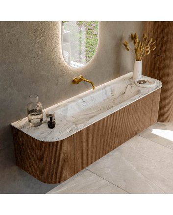 Mondiaz Kurve-Dlux 160cm badmeubel ronding Links + Rechts kleur Walnut met 1 lade en 2 deuren. Wastafel Big medium Midden zonder kraangat Glace.