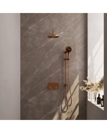 BRAUER Copper Edition thermostatische inbouw regendouche met drukknoppen SET 69 met 20 cm douchekop en gebogen muurarm en 3-standen handdouche en doucheslang en geïntegreerde glijstang koper geborsteld PVD