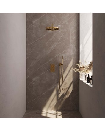 BRAUER Gold Edition thermostatische inbouw regendouche 3-weg omstelling SET 28 met 30 cm douchekop en gebogen muurarm en staaf handdouche en doucheslang en wandaansluitbocht goud geborsteld PVD
