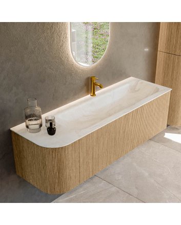Mondiaz Kurve-Dlux 145cm badmeubel ronding Links kleur Oak met 1 lade en 1 deur. Wastafel Big large Rechts 1 kraangat Ostra.