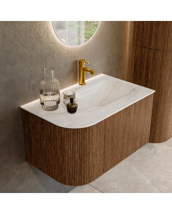 Mondiaz Kurve-Dlux 75cm badmeubel ronding Links kleur Walnut met 1 lade en 1 deur. Wastafel Grunne Rechts 1 kraangat Ostra.
