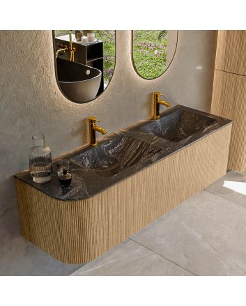 Mondiaz Kurve-Dlux 145cm badmeubel ronding Links kleur Oak met 1 lade en 1 deur. Wastafel Leaf Dubbel / Rechts 2 kraangaten Lava.