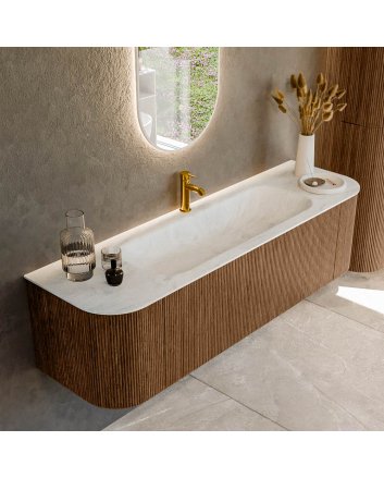 Mondiaz Kurve-Dlux 160cm badmeubel ronding Links + Rechts kleur Walnut met 1 lade en 2 deuren. Wastafel Big medium Midden 1 kraangat Opalo.