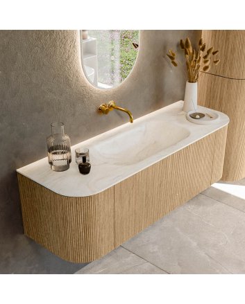 Mondiaz Kurve-Dlux 140cm badmeubel ronding Links + Rechts kleur Oak met 1 lade en 2 deuren. Wastafel Big small Midden zonder kraangat Ostra.