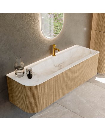 Mondiaz Kurve-Dlux 145cm badmeubel ronding Links kleur Oak met 1 lade en 1 deur. Wastafel Big large Rechts 1 kraangat Frappe.