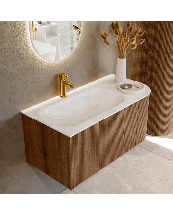 Mondiaz Kurve-Dlux 95cm badmeubel ronding Rechts kleur Walnut met 1 lade en 1 deur. Wastafel Big small Links 1 kraangat Ostra.