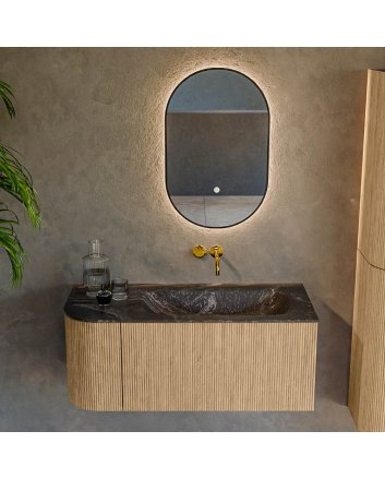 Mondiaz Kurve-Dlux 105cm badmeubel ronding Links kleur Oak met 1 lade en 1 deur. Wastafel Big small Rechts zonder kraangat Lava.