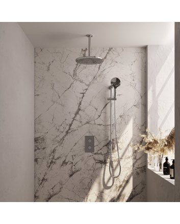 BRAUER Chrome Edition thermostatische inbouw regendouche 3-weg omstelling SET 48 met 30 cm douchekop en plafondarm en 3-standen handdouche en doucheslang en geïntegreerde glijstang chroom