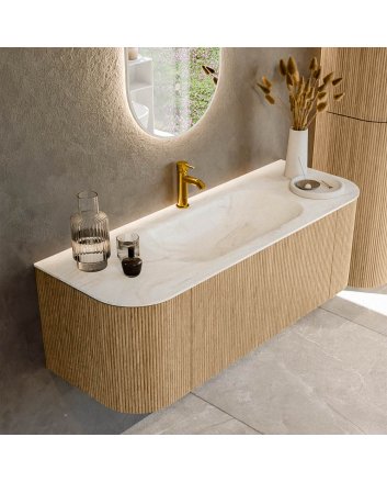 Mondiaz Kurve-Dlux 130cm badmeubel ronding Links + Rechts kleur Oak met 1 lade en 2 deuren. Wastafel Big small Midden 1 kraangat Ostra.