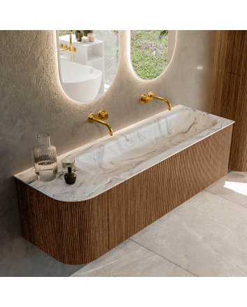 Mondiaz Kurve-Dlux 145cm badmeubel ronding Links kleur Walnut met 1 lade en 1 deur. Wastafel Big large Rechts zonder kraangat Glace.