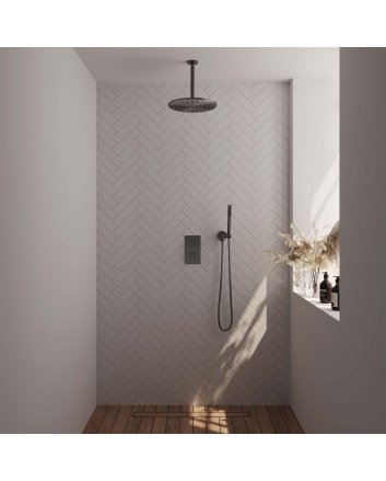 BRAUER Gunmetal Carving thermostatische inbouw regendouche 3-weg omstelling SET 30 met 30 cm douchekop en plafondarm en staaf handdouche en doucheslang en wandaansluitbocht gunmetal geborsteld PVD