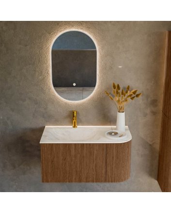 Mondiaz Kurve-Dlux 85cm badmeubel ronding Rechts kleur Walnut met 1 lade en 1 deur. Wastafel Cloud Links 1 kraangat Ostra.