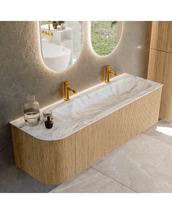 Mondiaz Kurve-Dlux 145cm badmeubel ronding Links kleur Oak met 1 lade en 1 deur. Wastafel Big large Rechts 2 kraangaten Glace.