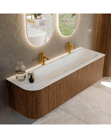 Mondiaz Kurve-Dlux 145cm badmeubel ronding Links kleur Walnut met 1 lade en 1 deur. Wastafel Big large Rechts 2 kraangaten Opalo.