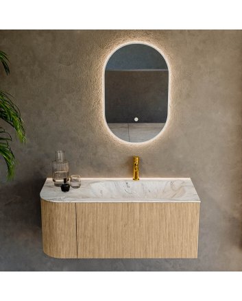 Mondiaz Kurve-Dlux 105cm badmeubel ronding Links kleur Oak met 1 lade en 1 deur. Wastafel Big small Rechts 1 kraangat Glace.
