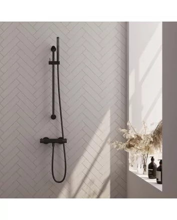 BRAUER Black Carving opbouw douche thermostaatkraan SET 01 met glijstang en staaf handdouche en doucheslang mat zwart