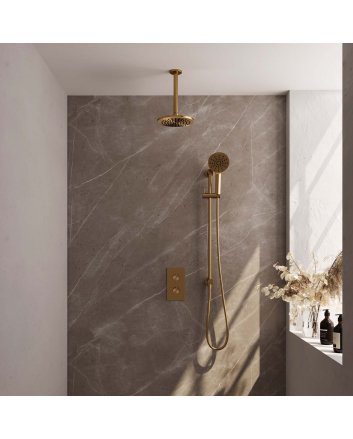 BRAUER Gold Edition thermostatische inbouw regendouche 3-weg omstelling SET 47 met 20 cm douchekop en plafondarm en 3-standen handdouche en doucheslang en geïntegreerde glijstang goud geborsteld PVD