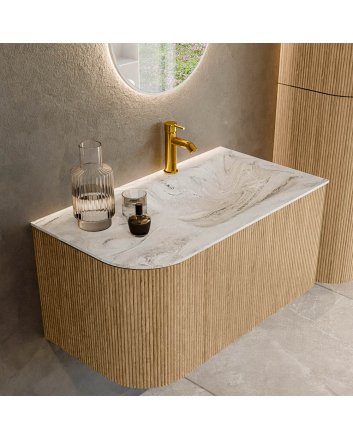 Mondiaz Kurve-Dlux 85cm badmeubel ronding Links kleur Oak met 1 lade en 1 deur. Wastafel Cloud Rechts 1 kraangat Glace.