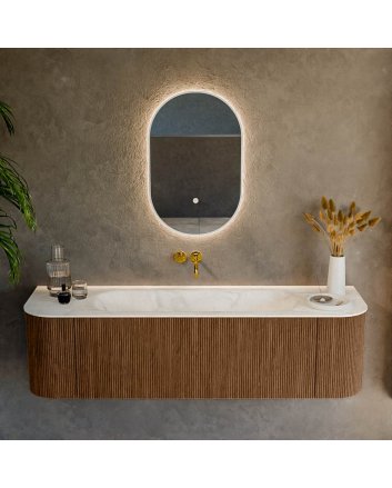 Mondiaz Kurve-Dlux 160cm badmeubel ronding Links + Rechts kleur Walnut met 1 lade en 2 deuren. Wastafel Big medium Midden zonder kraangat Ostra.