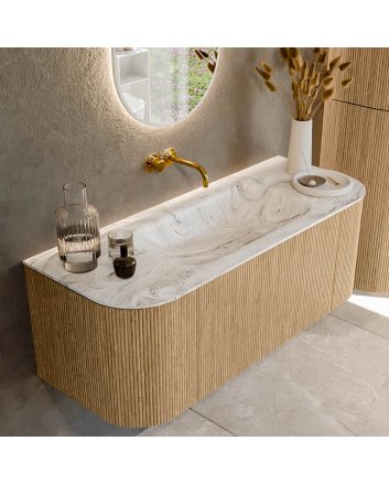 Mondiaz Kurve-Dlux 120cm badmeubel ronding Links + Rechts kleur Oak met 1 lade en 2 deuren. Wastafel Big small Midden zonder kraangat Glace.