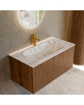Mondiaz Kurve-Dlux 90cm badmeubel kleur Walnut met 1 lade en 0 deuren. Wastafel Big small Midden 1 kraangat Glace.