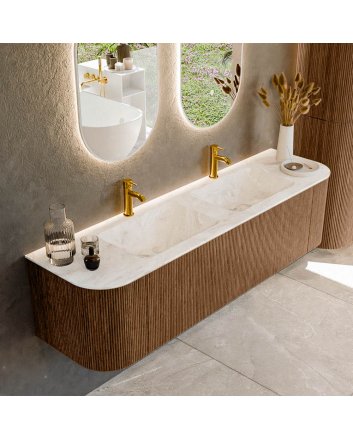 Mondiaz Kurve-Dlux 170cm badmeubel ronding Links + Rechts kleur Walnut met 1 lade en 2 deuren. Wastafel Leaf Dubbel 2 kraangaten Frappe.