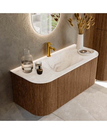 Mondiaz Kurve-Dlux 110cm badmeubel ronding Links + Rechts kleur Walnut met 1 lade en 2 deuren. Wastafel Cloud Midden 1 kraangat Frappe.