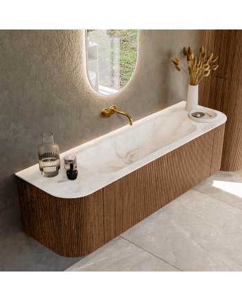 Mondiaz Kurve-Dlux 160cm badmeubel ronding Links + Rechts kleur Walnut met 1 lade en 2 deuren. Wastafel Big medium Midden zonder kraangat Frappe.