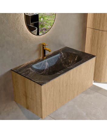 Mondiaz Kurve-Dlux 90cm badmeubel kleur Oak met 1 lade en 0 deuren. Wastafel Big small Midden 1 kraangat Lava.