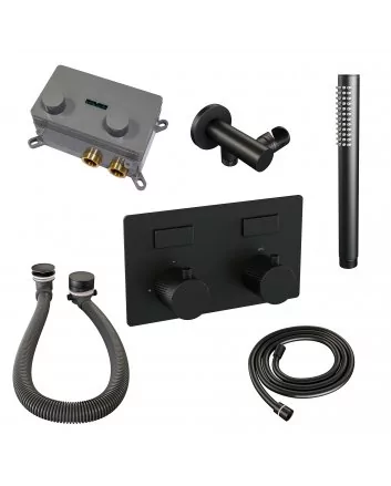 BRAUER Black Carving thermostatische inbouw badkraan met drukknoppen SET 03 met badvulcombinatie en staaf handdouche en doucheslang en wandaansluitbocht mat zwart